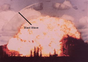 Image shows a blast wave ahead if the fireball in an explosion