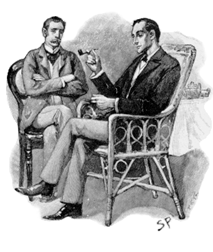Image show Sherlock Holmes talking to Dr Watson