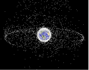 An image of Earth from space with the space debris mapped out to look as if earth has saturn-like rings