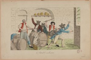 A party of anthropomorphised rats being chased out of a wine cellar.